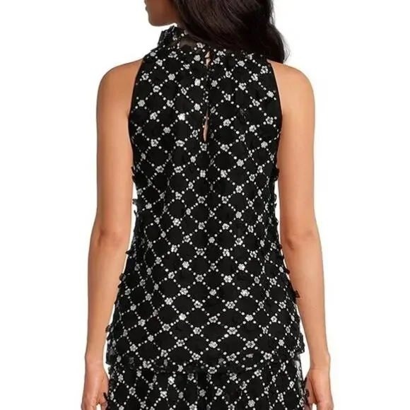 Abbey Glass Black 3D Floral Sequin Mesh Sleeveless High Neck Top NWT sizeXS - Picture 2 of 13